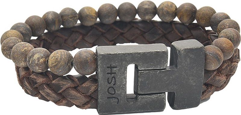 JOSH - Herenarmband - Natuursteen en Echt Leer - Gevlochten Patroon - Verzilverd