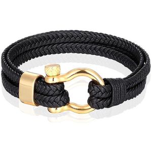 Nautische heren armband Leer Edelstaal Zwart Goudkleurig - 21cm