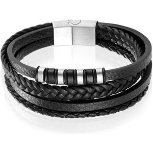 Leren Heren Armband Multi Mendes Edelstaal Zilverkleurig Zwart - 22.5cm 22.5cm