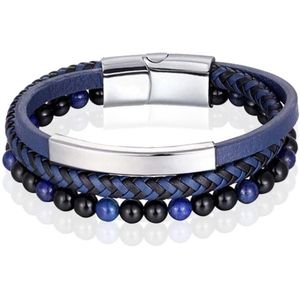 Heren Armband Memphis Tijgeroog Kraal Gevlochten Leer Zilverkleurig Blauw - 19cm 19cm