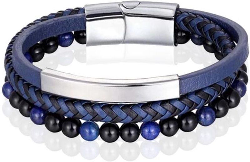 Heren Armband Memphis Tijgeroog Kraal Gevlochten Leer Zilverkleurig Blauw - 19cm 19cm