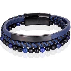 Heren armband Memphis Tijgeroog kraal gevlochten leer Zwart Blauw - 19cm
