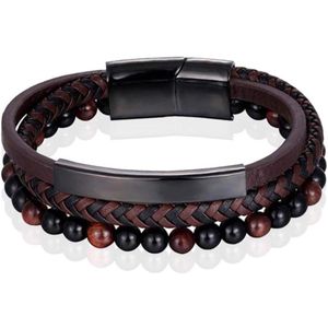 Memphis - Armband - Zwart Bruin - Tijgeroog Kraal - Gevlochten Leer