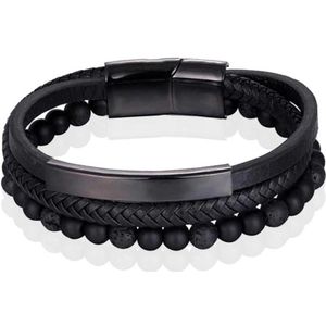 Heren Armband Memphis Agaat Kraal Gevlochten Leer Zwart - 19cm 19cm