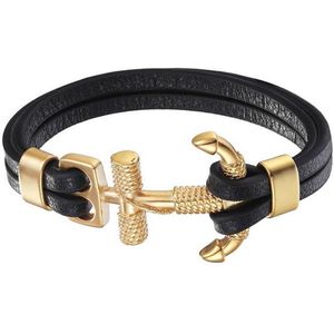 Mendes - Zeemans Armband - Goudkleurig - Zwart Leer - Edelstaal Anker
