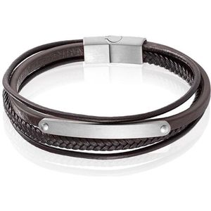 Mendes Heren Armband Bruin Leer Edelstaal ID Graveerplaat Zilverkleurig-21cm