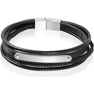 Mendes Heren Armband Zwart Leer Edelstaal ID Graveerplaat Zilverkleurig-21cm