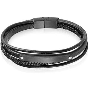 Mendes Heren Armband Zwart Leer Edelstaal ID Graveerplaat-21cm