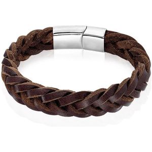 Heren armband LGT Jewels Gevlochten Leer Edelstaal Bruin Zilverkleurig-19cm
