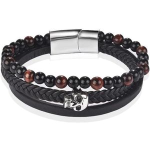 Heren armband Memphis Tijgeroog Skull Gevlochten Leer Zwart Bruin-20.5cm