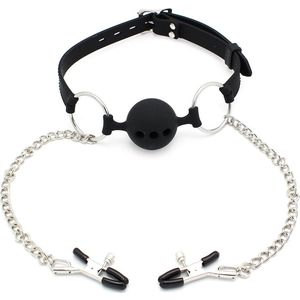 Kiotos - Siliconen Ball Gag Met Tepelklemmen