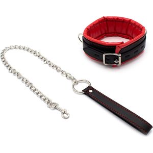 Kiotos Leather Zwarte leren collar met rode voering en leash