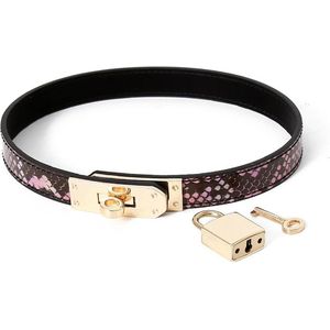 Kiotos Leather - Smalle Collar Met Reptielenprint - Goud/Roze