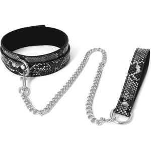 Kiotos Leather - Collar En leiband Met Reptielenprint - Zwart/Zilver