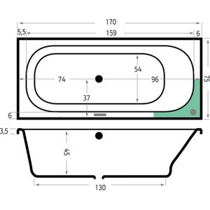 Xenz Aruba ligbad - 170x75cm - met overloop - zonder afvoer - overloop aan andere kant - Acryl Wit