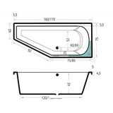 Xenz Lagoon compact ligbad - 160x75cm - met overloop - zonder afvoer - Hoekopstelling rechts - Acryl Ebony mat 6981-29