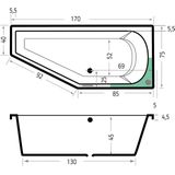 Xenz Lagoon compact ligbad - 170x75cm - met overloop - zonder afvoer - Hoekopstelling rechts - Acryl Antraciet Mat 6983-05