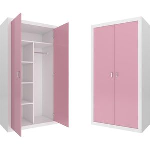 Kinder kledingkast - 90x190x50 cm - wit/roze - 2 deuren
