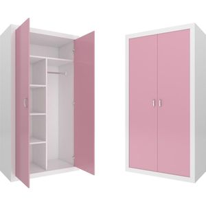 Kledingkast - 90x190x50 cm - wit/roze - 5 schappen - 2 deuren