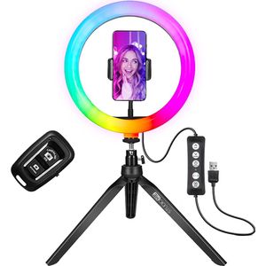 Studio ME Multi Kleuren Ringlamp met Statief - 10 inch/25 cm - RGB Lamp - Ringlight met statief - Bluetooth - Telefoonhouder - Afstandsbediening - USB - TikTok Lamp - Ring Light