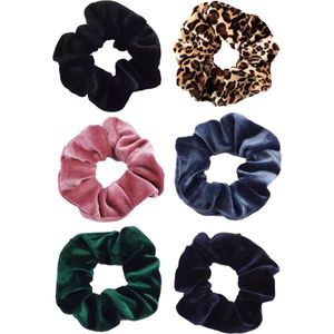 Kraagjeskopen.nl® Velvet Scrunchies Set van 6 stuks Extra Vol en Luxe - Zwart Navy Bosgroen Roze Grijsblauw Panterprint