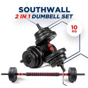 SOUTHWALL Dumbbells set Verstelbaar met halterstang tot 10kg – Halterset – Fitness Stang – Fitness Gewichten Set – Professionele 2-in-1 Dumbbellset – Gebruiksvriendelijk – Multifunctioneel – Dumbell set 10 kg – Rood/Zwart