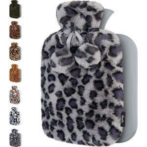 Warmwaterkruik met Hoes - Zachte Premium Pluche Hoes - 1,8 L Kruik - Warmwaterkruik voor Pijnverlichting van Rug, Nek en Schouderklachten - Ideaal Cadeau - Paarsgrijze Luipaardprint