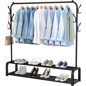 Avalo Industrieel Kledingrek - Metaal - 110x33x150 CM - Zwart - Opbergruimte Voor Schoenen - Garderoberek Met Haken