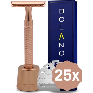 Bolano® Safety Razor Rose Goud + Houder + 25 RVS Scheermesjes Double Edge - Klassiek Scheermes voor Mannen en Vrouwen - Duurzaam Scheren - Zero Waste - RVS Messing - Dichte zijkant