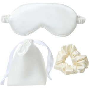 Malinsi Slaapmasker 3-in-1 bijpassend zakje en scrunchie - Wit - oogmasker - vrouwen - zijde - Slaapmaskers - slaap - cadeau voor haar (Wit)