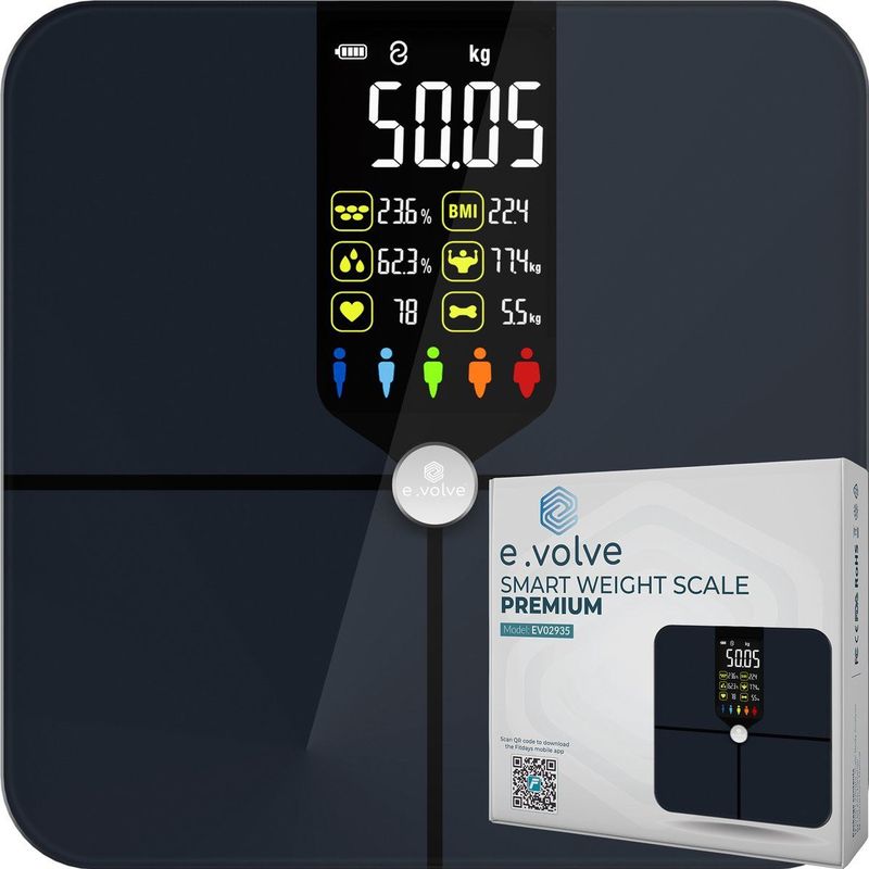 e.volve - Personenweegschaal - Zwart - Slimme Weegschaal met Lichaamsanalyse - 22 Metingen
