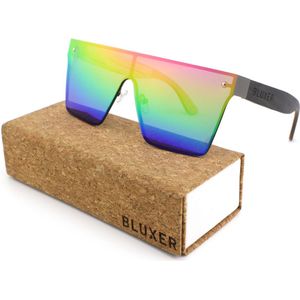 Bluxer® Zonnebril - Hippe Zonnebril Gepolariseerd - UV400 Lens - Oversize RVS Frame - Ebony Veneer Wood - Rainbow Lens