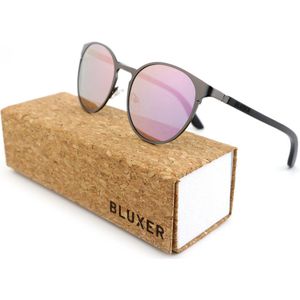 Bluxer® Zonnebril - Hippe Zonnebril Gepolariseerd - UV400 Lens - Zilverkleurig RVS Frame - Ebony Wood - Roze Lens