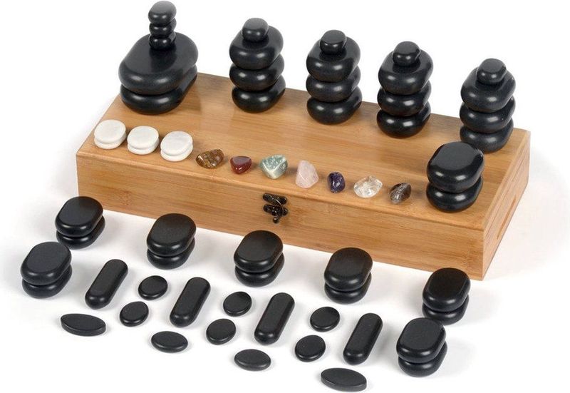 ZenGrowth - Hotstones - 64 Stuks - Massage Stenen - 100% Basaltsteen - Inclusief Bamboe Opbergdoos