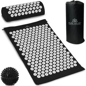Pure Relief - Spijkermat Set met Speciaal Kussen Acupressuur met Acupunctuur Drukpunten Massagemat - Zwart XL Gratis Spijkerbal (Zwart)