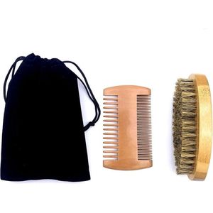 Baardkam set - Beard comb – baardkam kit – Baardborstel set – Baardborstel kit - Verdelen van baardolie of baardbalsem - Vaderdag cadeaus - baardverzorging - fijne en grove kam - baardborstel – hout  + zakje