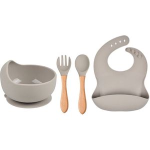 Baby Servies Set - slabber en Kom met Zuignap en bestek - Kinderservies, Babybord, Kinderbestek - 100% Siliconen - Oven-, Vriezer-, Magnetron- en Vaatwasserbestendig - Grijs + babyfruitspeen - bijtring