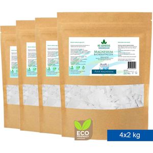 Ré-genesis Magnesium Badkristallen Vlokken - 4x 2 kg Voordeel Set – Badmiddel - Magnesium Badzout – Voetenbad - Stazak - Optimale magnesium opname - Effectief bij huidproblemen