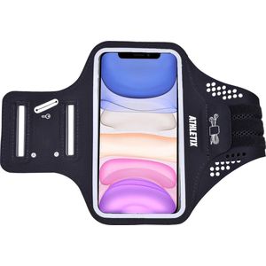 Athletix® - Universele Smartphone Hardloop Armband - Reflecterende Sportarmband -  Inclusief ruimte voor 10 pasjes en 2 sleutels- Hardloopband - Smartphone Houder / Geschikt voor iPhone 12 Pro / 11 / XS / X / 8 / 7 - 100% Spatwaterdicht - Zwart