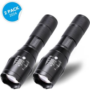 TIGIOO Zaklamp LED Oplaadbaar - 2-Pack Zwart - Inclusief Oplader, Batterijen & Koffer - Militaire Zaklamp met Instelbare Lichtstraal & Hoge Lichtopbrengst