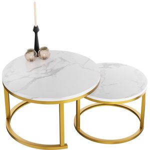 HeyHeaven® Couchtisch rund Marmor 2er-Set – Runder Couch Tisch in weißer Marmor Optik mit Gold Metallgestell – moderner Tisch für Wohnzimmer, Schlafzimmer und Balkon, Ø70 Ø50