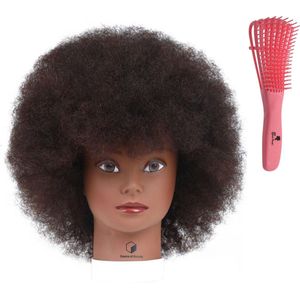 Desire of Goods Afro oefenhoofd kappershoofd - Donkerbruin haar - met anti klit haarborstel - Echt haar - statief - 30 cm
