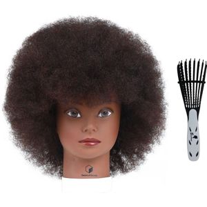 Desire of Goods Afro oefenhoofd kappershoofd - Donkerbruin haar - met anti klit haarborstel - Echt haar - tafelklem - 30 cm