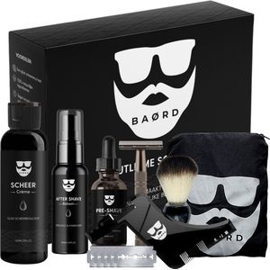 BAØRD Ultieme Scheerset Double Edge Safety Razor – Scheerkwast - Scheercrème – After Shave Balsem – Pre Shave Olie – Baardschort – Baard Styler – 5RVS Scheermesjes - Shaving Cream – Scheer Set Man - Barber Kit – Cadeau Voor Mannen - Sinterklaas Vader