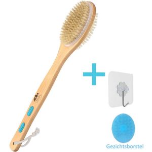 Blubs® – Houten Badborstel – Dry brush – RugScrubber – Lichaamsborstel met lange steel – Rugborstel douche met steel – Huidborstel – Rugborstel hout – Houten Badborstel met steel – Doucheborstel met steel – rugborstel – Droogborstel – Massage – Blauw