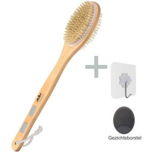 Blubs® – Houten Badborstel – Dry brush – Rug Scrubber – Lichaamsborstel – Rugborstel douche met steel – Huidborstel – Rugborstel hout – Houten Badborstel met steel – Doucheborstel met steel – Houten borstel – Droogborstel – Massage – Grijs