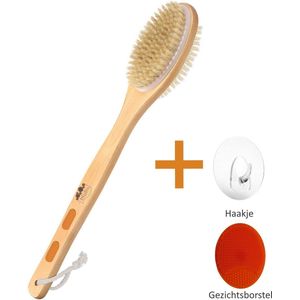 Blubs® – Houten Badborstel – Dry brush – Rug Scrubber – Lichaamsborstel – Rugborstel douche met steel – Huidborstel – Rugborstel hout – Houten Badborstel met steel – Doucheborstel met steel – Houten borstel – Droogborstel – Massage – Oranje