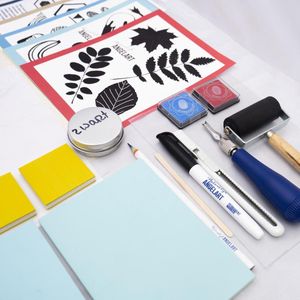 Stempel kit - Zelf stempels maken - Lino starters set textiel - Stempel workshop pakket textiel - Een workshop in een doosje