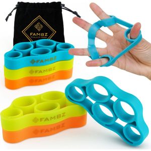 FAMBZ Fitinger Vingertrainer (Regenboog Set) Set met 3 Levels - Vinger Trainer voor Vingers en Onderarm - Vingertrainers Hand Grip - Handrevalidatie - Handtrainer Gitaar - Griptrainer Arm - Hand Stretcher - Krachttrainer Pols - Fidget Toy