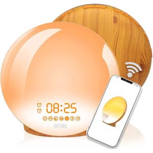 DistinQ Wake-Up Light – Wifi Smart – Wekkerradio met dubbele wektijd – Slaaphulp met USB aansluiting - Houtkleurig